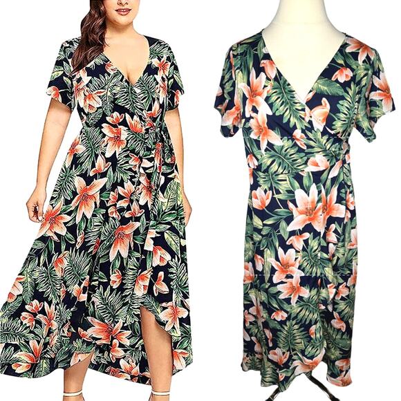 City Chic Dresses & Skirts - City Chic 2XL Tropical Hawaiian Wrap Dress Maxi Green Blue Pink PLUS SIZE 18